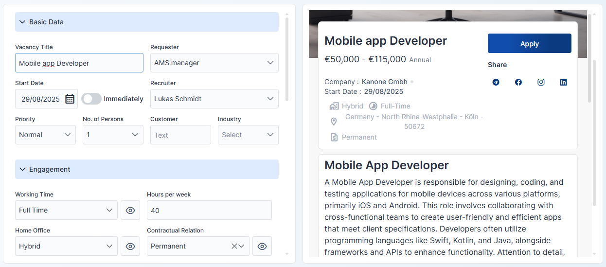 Der Screenshot zeigt den Echtzeit-Editor für Stellenanzeigen in KAN-ONE, der Live-Vorschau und KI-Unterstützung bietet.