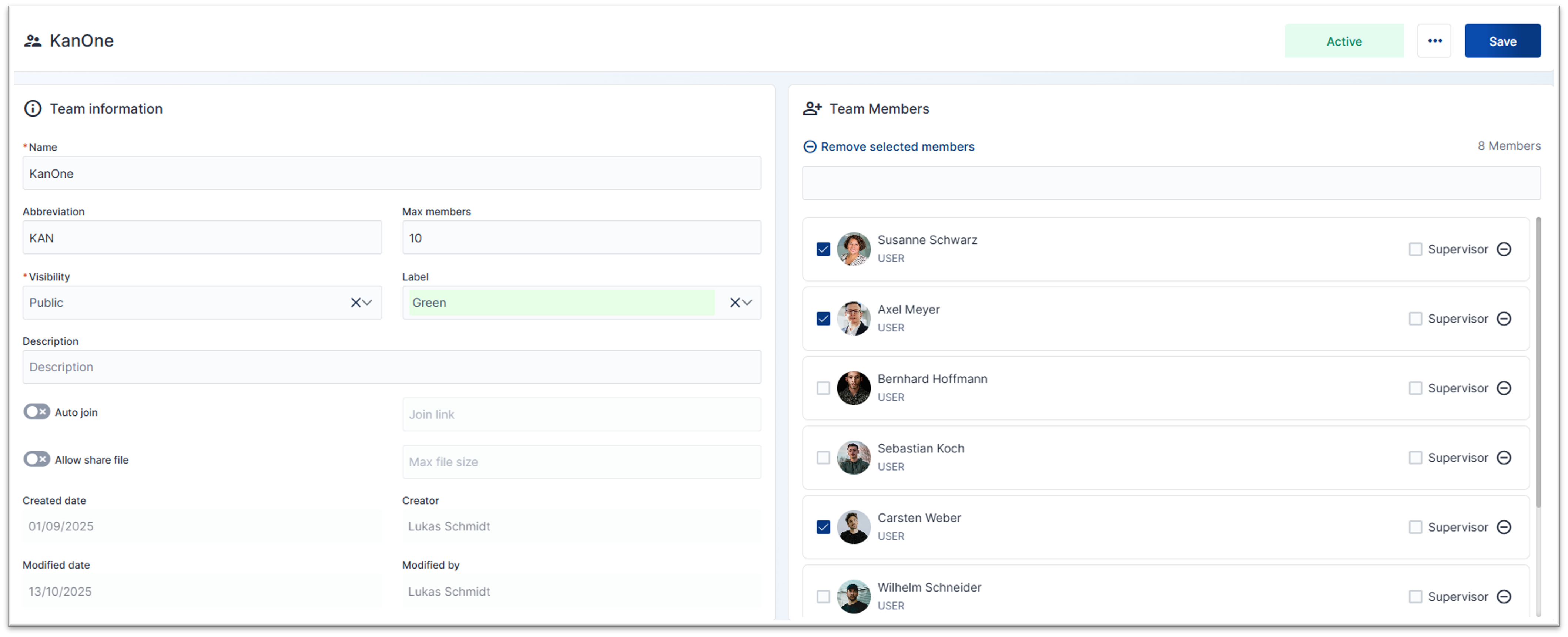 Übersicht des Team-Managements in KAN-ONE, zeigt die Konfiguration eines Teams (KanOne) und die Verwaltung der Teammitglieder mit ihren Supervisor-Status.