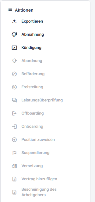 Liste der HR-Aktionen, einschließlich Onboarding, Kündigung und Abmahnung, die direkt aus dem Mitarbeiterprofil gestartet werden können.