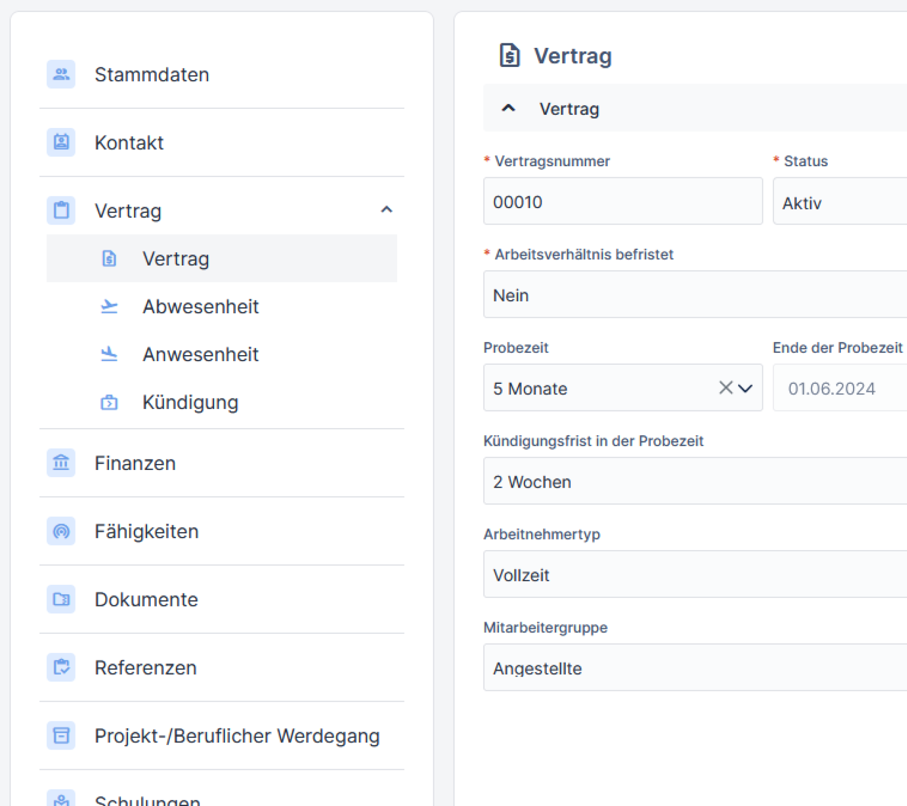 Screenshot der Oberfläche zur strukturierten Verwaltung von Mitarbeiterdaten und Vertragsdetails, einschließlich Vertragsnummer und Probezeit.