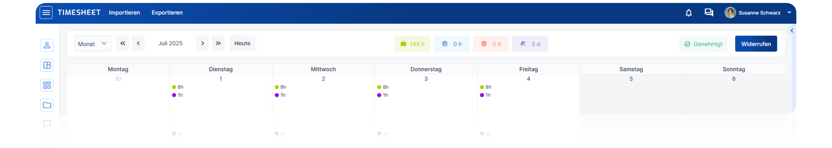 Der Screenshot zeigt das Timesheet-Dashboard in einer Kalenderansicht für Juli 2025, das die genehmigte Erfassung der täglichen Arbeitszeit (z.B. 8h) sowie eine Gesamtübersicht des Stundensaldos darstellt.