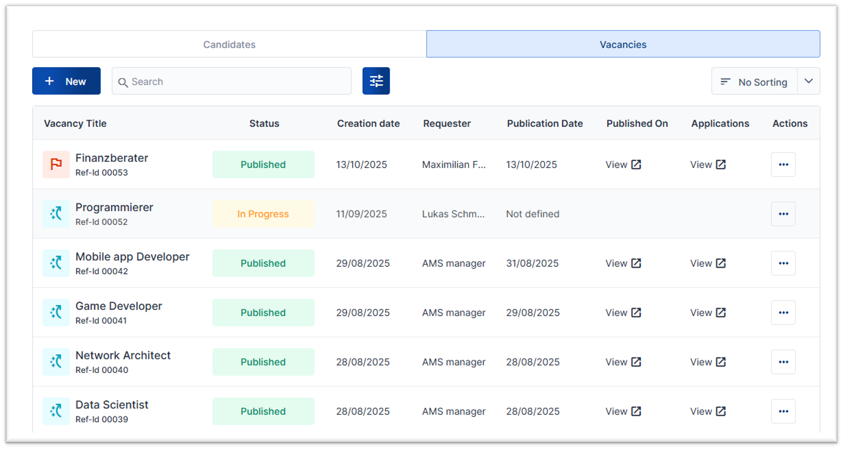 Screenshot der KAN-ONE 'Vacancies' Listenansicht, die offene Stellen wie 'Finanzberater' (Published) und 'Programmierer' (In Progress) mit Status, Erstellungsdatum und Referenznummer auflistet.