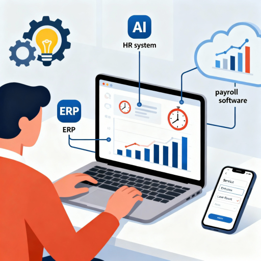 Modernes digitales Dashboard zur Zeiterfassung mit Balkendiagrammen und Uhrsymbolen, verbunden mit Icons für HR-System, ERP und Abrechnungssoftware. Mitarbeiter nutzen Self-Service-Portal auf Laptop und Smartphone, unterstützt durch KI-gestützte Analysen zur Optimierung. Freundliches und professionelles Flat-Design.