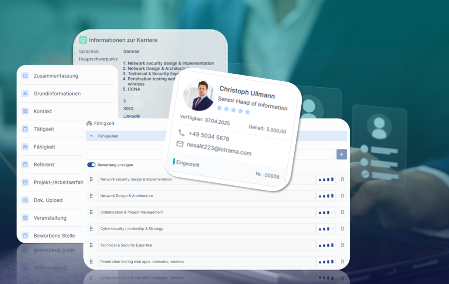 Das Bild veranschaulicht die automatische CV-Parsing-Funktion von KAN-ONE, die Lebensläufe ausliest und in strukturierte Daten umwandelt, um Aufwand zu minimieren.