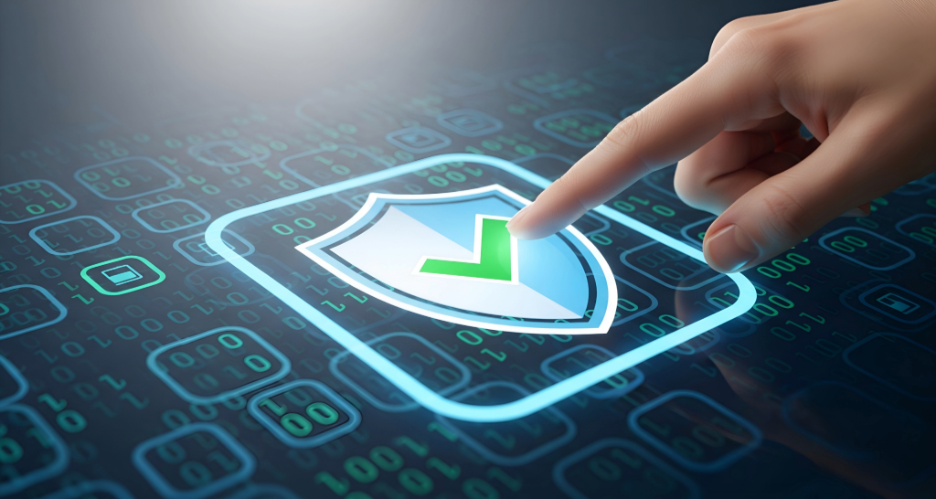 Ein Finger bestätigt einen Sicherheitsprozess, dargestellt durch das Antippen eines leuchtenden Schild-Icons mit einem grünen Haken auf einem digitalen Display.